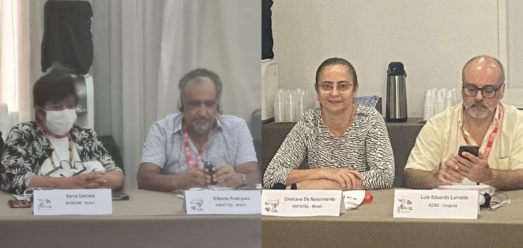 Sonia Santana (Sindcine), Gilberto Dourado (SINTETEL/FENATTEL), Cristiane do Nascimento (SINTETEL) e Luis Eduardo Larralde (ABU-Uruguai)