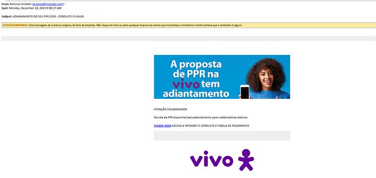 Acima, o e-mail falso enviado aos trabalhadores da VIVO