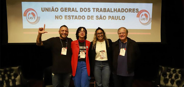 Jonathan Moura, presidente do SIEMACO Guarulhos, Juliana Karine Machado, vice-presidente do Sindsade de Campinas e regio, Daniela Dias, Diretora Social do Siemaco e Amauri Mortagua, presidente da UGT ? SP.