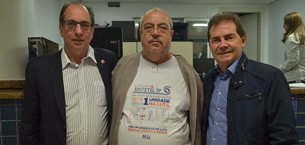 Ricardo Patah (UGT), Almir Munhoz (Sintetel) e Paulinho (Fora Sindical)